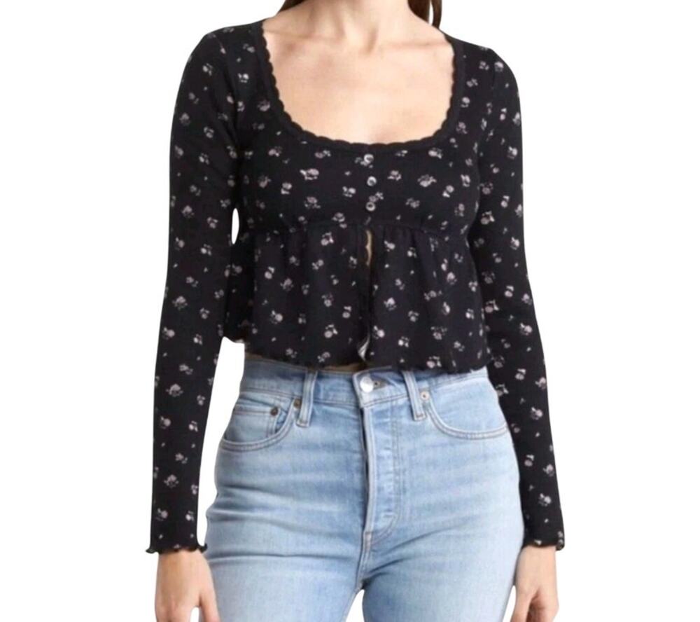 Kirious Women's Babydoll Long Sleeve Thermal Top SZ Medium Y2K Floral Whimsigoth